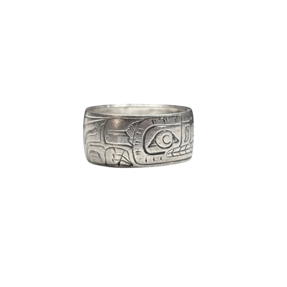 3/8” Wolf Moon Native Art Silver Ring - Picture 2 of 4